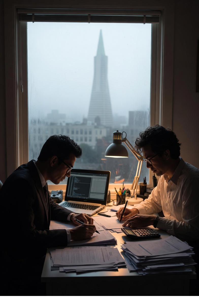 Two partners working at a desk with the TransAmerica Pyramid visible through the fog